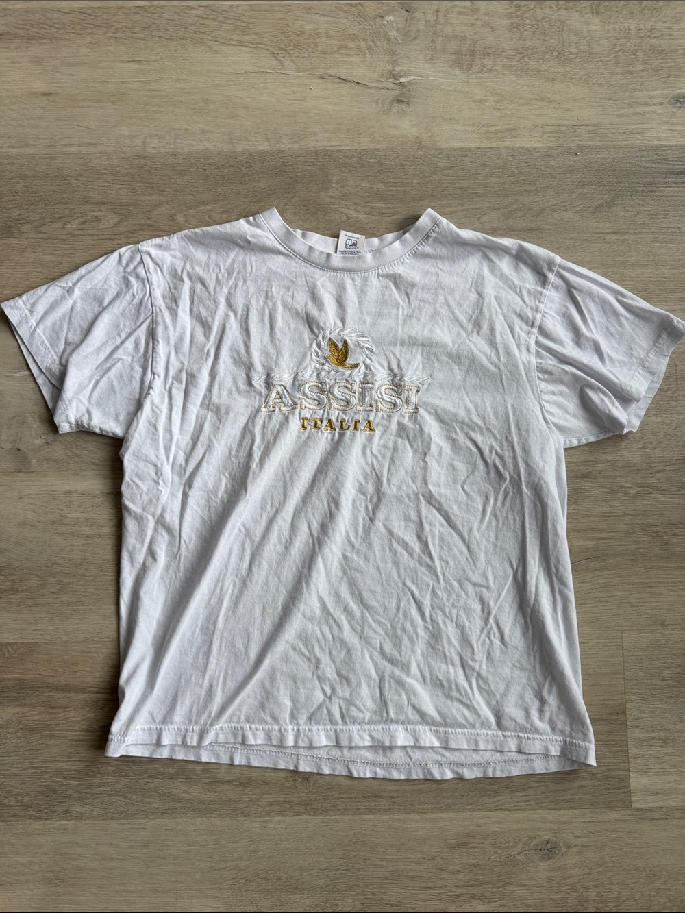 Made in Italy Vintage white Short Sleeve Tee with Gold 'ASSISI' Embroidered Logo